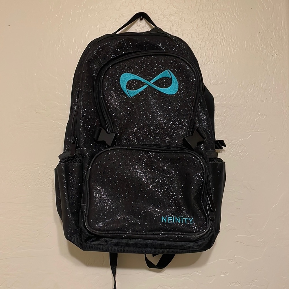 NFINITY BLACK SPARKLE CHEER BAG WITH BLUE LOGO